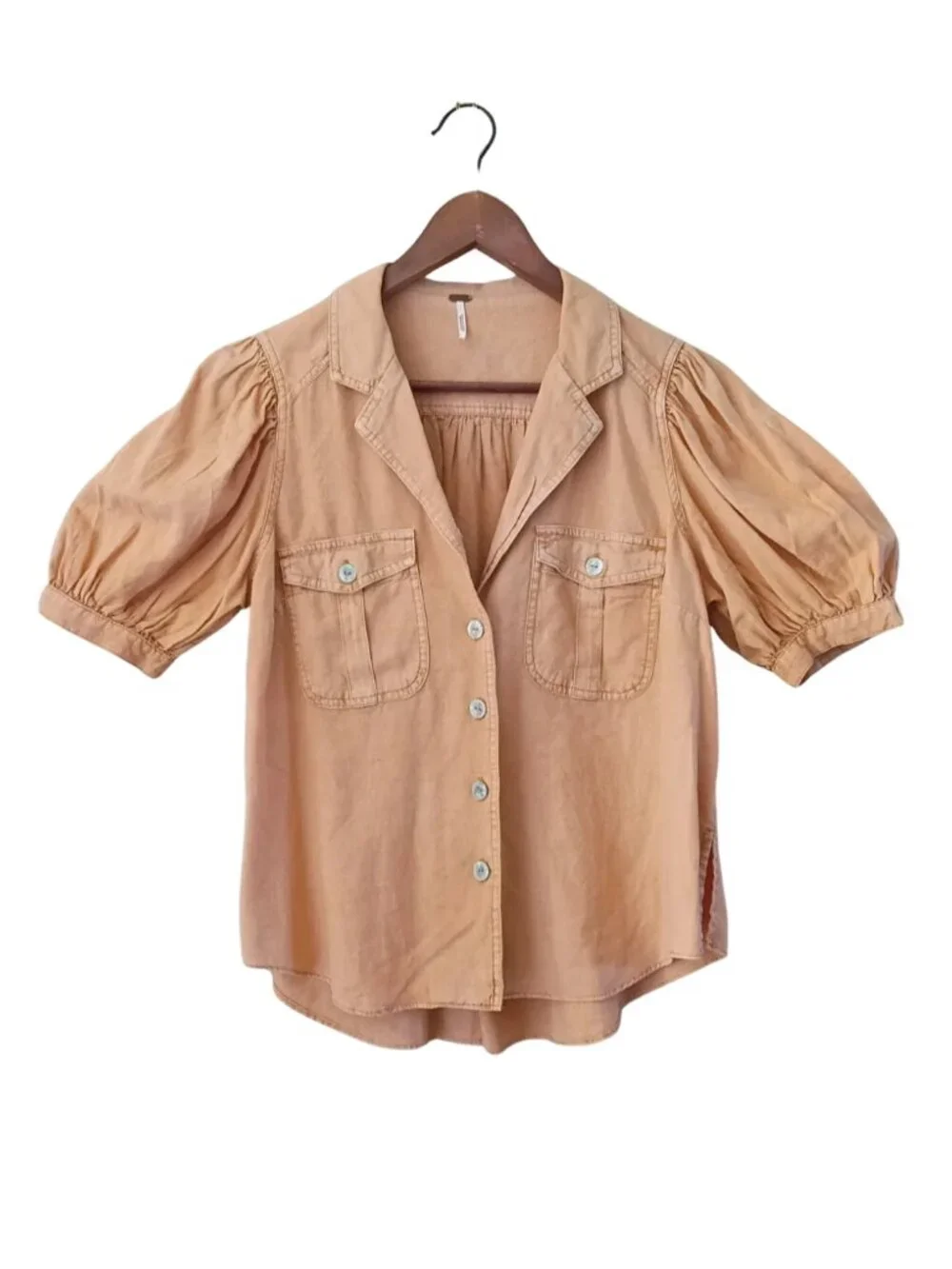 Free People Safari Babe Terracotta Boho Puff Sleeve Linen Blend Chic Coastal